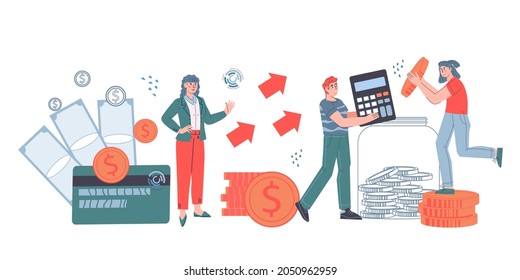 Financial consulting and accounting services. Financial management. Professional accountants or bookkeepers command making financial operations, flat vector illustration isolated on white background.