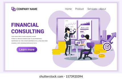 Financial Consulting concept. Consultant presenting data and report financial on screen. Can use for web banner, infographics, landing page, web template. Flat vector illustration