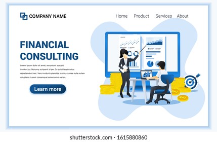 Financial Consulting concept. Consultant presenting data and report financial on screen. Can use for web banner, infographics, landing page, web template. Flat vector illustration