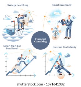 Financial consulting flat vector banner template. Strategy searching, smart investment, start, increase profitability illustrations set. Businessmen cartoon characters. Business strategy concept