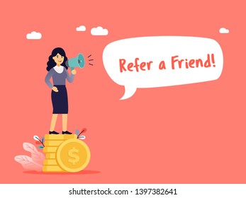 Financial Consulting Flat Vector Illustration. Refer a Friend. Marketing Campaign Prices. Marketer with Megaphone. Rich, Successful woman on pile of coins.