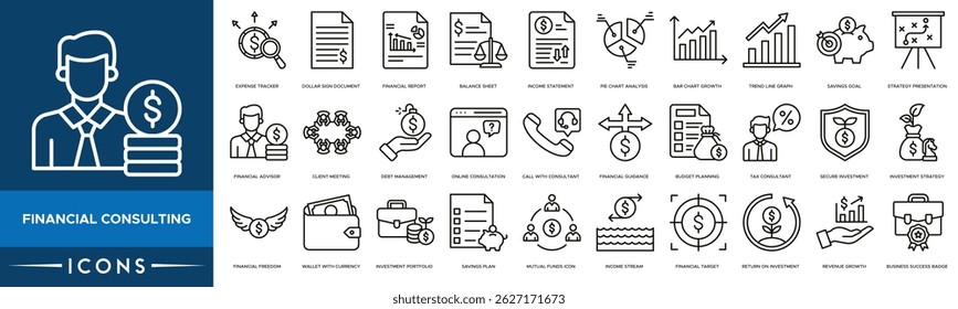 Financial Consulting icon set. Expense Tracker, Dollar Sign Document, Financial Report, Balance Sheet, Income Statement, Pie Chart Analysis, Bar Chart Growth and Trend Line Graph