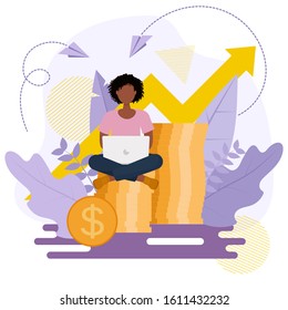 Financial consulting, investment and savings.  Financial consultant with laptop sitting on a stack of coins. Up arrow showing profit growth. Flat vector illustration