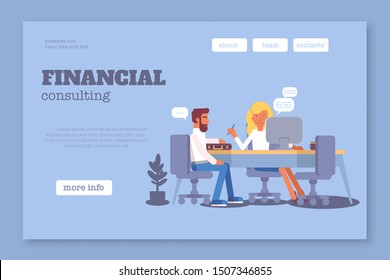 Financial consulting landing page flat template. Banking and accounting service website homepage layout. Business consultant and client cartoon characters. Finance literacy illustration