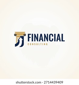 Diseño de logotipo de consultoría financiera con un icono de columna clásico y símbolo de flecha hacia arriba