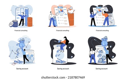Financial consulting metaphor effective management of funds assets of company. Consultant expert market researcher conducts online consultation on money planning. Accounting organization process