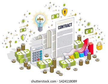 Financial contract concept, paper legal document and cash money stacks isolated on white background. Vector 3d isometric business illustration with icons, stats charts and design elements.