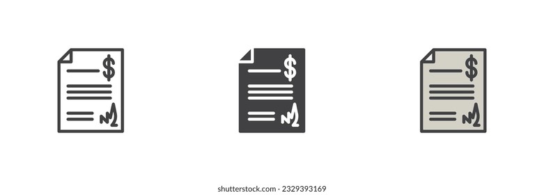 Financial contract document different style icon set. Line, glyph and filled outline colorful version, outline and filled vector sign. Symbol, logo illustration. Vector graphics