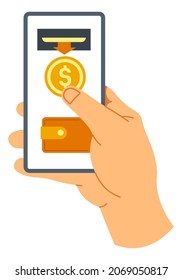 Financial control and administration, isolated smartphone screen with application, waller with money, showing balance and possibility to withdraw. Paying and exchange assets. Vector in flat style