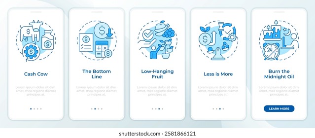 Financial control blue onboarding mobile app screen. Walkthrough 5 steps editable graphic instructions with linear concepts. UI, UX, GUI template