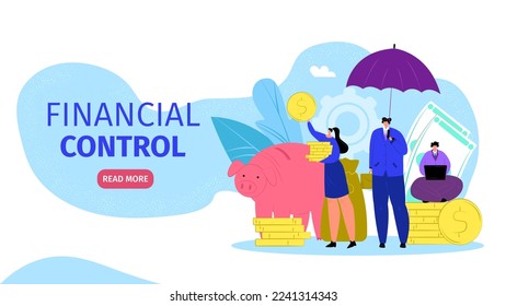 Financial control, business money strategy vector illustration. Bank consultant character for flat financial work, web page banner.