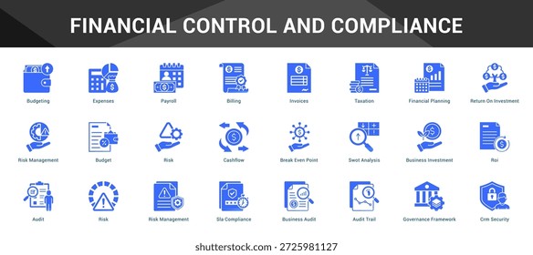 Controle financeiro e conformidade Conjunto coeso de ícones vetoriais minimalistas que representam ideias-chave com clareza visual