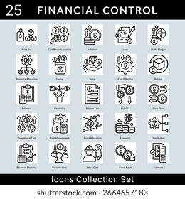 Financial Control icon set collection in outline style. an icon pack contain cost, benefit, analysis, inflation, loan, profit margin, resource allocation, saving, value