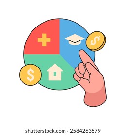 Financial control and management, personal assets budgeting, flat cartoon vector illustration. Isolated pie diagram with categories for spending, education and housing or mortgage icon