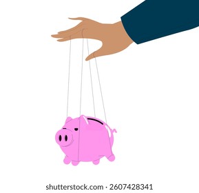 Financial control or Money control, Power to attract business opportunity and earn more profit or increase wealth. Piggy bank being controlled by puppeteer.
