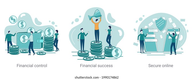 Financial control, financial success, secure online.A set of vector illustrations on a business theme.Abstract isometric illustrations in green.
