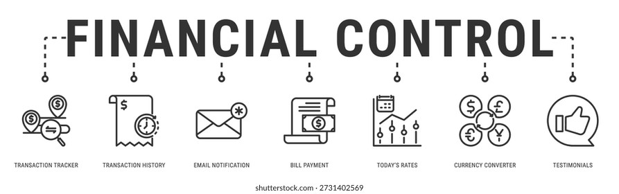 Financial Control web banner icon vector illustration featuring Transaction Tracker, Transaction History, Email Notification, Bill Payment, Today�s Rates, Currency Converter and Testimonials