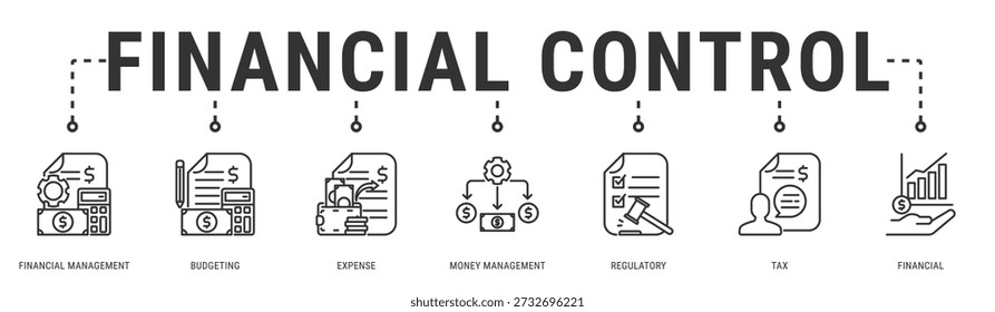 Ilustração do vetor do ícone do banner da Web do controle financeiro com gestão financeira, orçamento, despesa, gestão do dinheiro, regulamentar e imposto