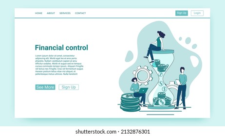 Financial control.People on the background of a large hourglass are engaged in financial investments.An illustration in the style of a green landing page.