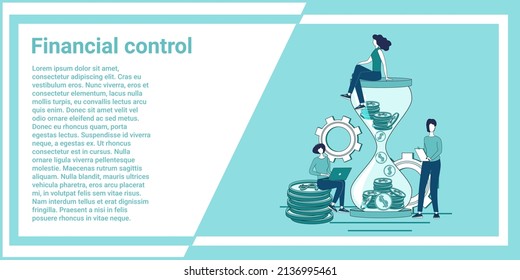Finanzkontrolle.Menschen auf dem Hintergrund eines großen Stundenglases sind mit Finanzinvestitionen beschäftigt. Eine Illustration im Stil einer grünen Landungsseite.
