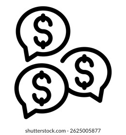 Conversa financeira em dinheiro preto e branco falar ícones bolha definir ilustração vetorial para aplicativo móvel e web design, com cifrão, símbolo de moeda e diálogo econômico