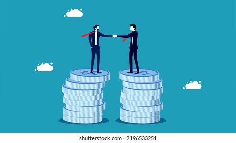 Financial cooperation. businessman shaking hands on pile of money