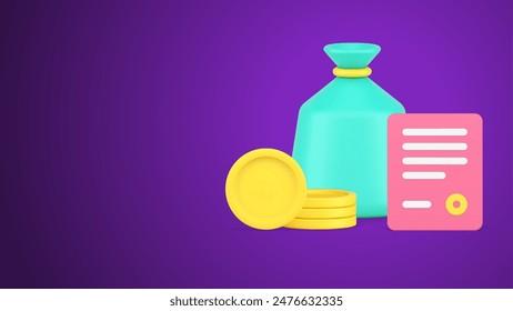 Financial corporate budget balance accounting checking document pad data information 3d icon vector illustration. Commercial cash money coin sack exchange banking loan mortgage bookkeeping audit