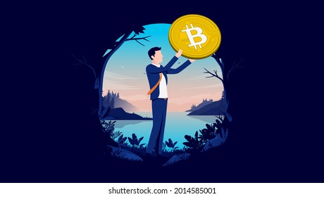 Financial corporate man holding bitcoin - Businessman holds crypto currency coin proudly in oval frame. Vector illustration.