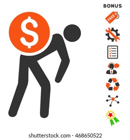 Financial Courier icon with bonus pictograms. Vector illustration style is flat iconic bicolor symbols, orange and gray colors, white background, rounded angles.