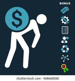Financial Courier icon with bonus pictograms. Vector illustration style is flat iconic bicolor symbols, blue and white colors, dark blue background, rounded angles.