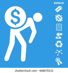 Financial Courier icon with bonus pictograms. Vector illustration style is flat iconic symbols, white color, blue background, rounded angles.