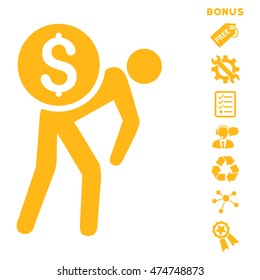 Financial Courier icon with bonus pictograms. Vector illustration style is flat iconic symbols, yellow color, white background, rounded angles.