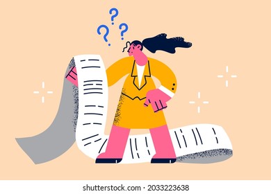 Financial crash and bankrupt concept. Young frustrated woman cartoon character standing looking at long paper bill feeling frustrated vector illustration 