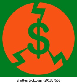 Financial Crash icon from Commerce Set. Vector style: flat symbol, orange color, rounded angles, green background.