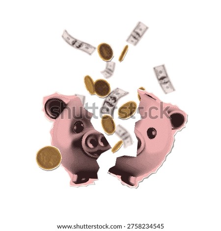 Financial crash and inflation concept. Retro pop art halftone collage of broken piggy bank with falling dollar banknotes and gold coins. Vector illustration for economic crisis and market recession.