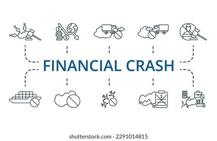 Financial crash outline set. Creative icons: sanctions, financial crisis, export ban, import ban, impeachment, logistic crisis, embargo, air traffic ban, economic default, economic crisis.