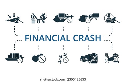 Financial crash set. Creative icons: sanctions, financial crisis, export ban, import ban, impeachment, logistic crisis, embargo, air traffic ban, economic default, economic crisis.