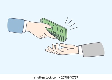 Financial crime and bribe concept. Human hands giving and taking money bribe doing corruption over blue background vector illustration 