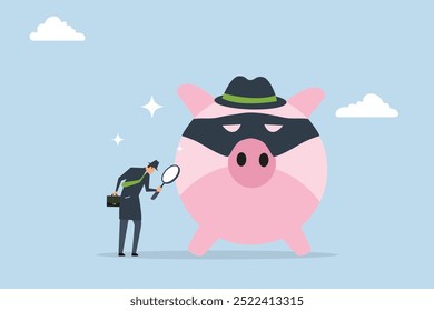 Finanzkriminalität, Detective Mann Untersuchung rosa Sparschwein mit Lupe, während eine kriminelle Maske tragen.