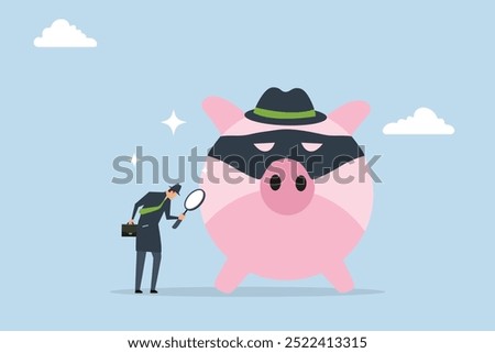 Financial crime, Detective man examining pink piggy bank with magnifying glass while wearing a criminal mask.