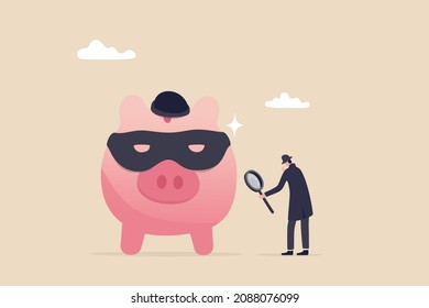 Financial crime, fraud, Ponzi scheme or illegal business, money laundering or fake investment concept, detective man with magnifying glass investigate on pink piggy bank wearing criminal mask.