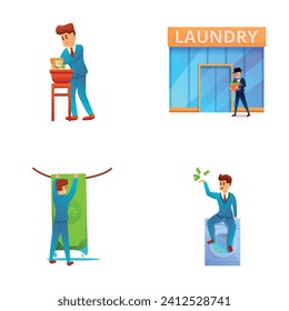 Financial crime icons set cartoon vector. Businessman doing money laundering. Fraud and financial machination