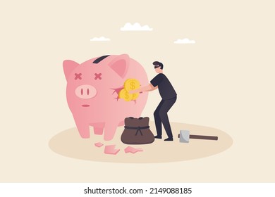 Financial Crime Security Issue Financial Data Breach Banking Or Other Currency Security. Criminals Use Bombs To Steal Deposits From Piggy Banks.