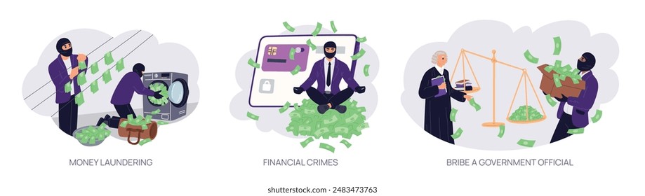 Financial crimes scenes. Corruption and money laundering. Bribing judge. Hacking passwords and credit cards. Breaking law. Theft and fraud. Counterfeit banknotes. Garish