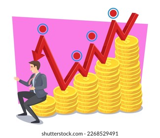 Crisis financiera que afecta a la ilustración de los vectores empresariales. Flecha roja hacia abajo que golpea a un empresario sentado sobre monedas de fondo blanco. Aumento de la inflación, recesión en Europa. Economía, concepto de finanzas