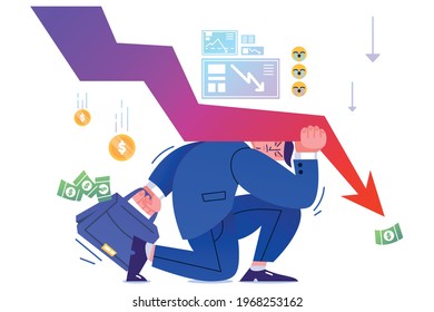 Financial crisis, business failure, economy crash, bankruptcy unpaid loan debt. Down arrow pressure on shareholder. Flat man resist losing profits. Global economic money problem,depressed entrepreneur