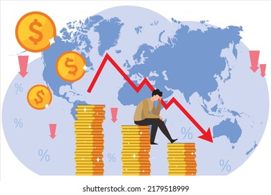 Financial crisis, business failure, economy crash, bankruptcy unpaid loan debt. Down arrow pressure on shareholder. Flat man resist losing profits. Global economic money problem,depressed entrepreneur