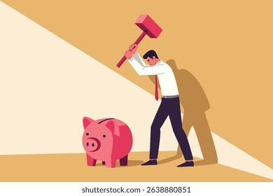 financial crisis, businessman holding hammer and smash piggy bank money, cartoon vector
