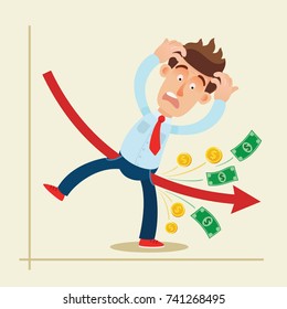 Financial crisis. Businessman losing his money. Business vector illustration, flat, concept.