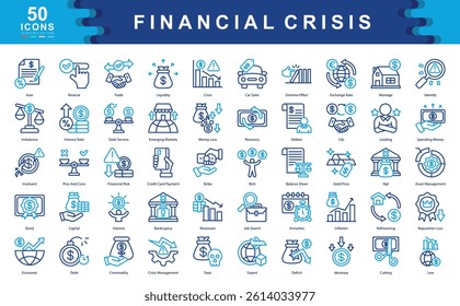 The Financial Crisis color icon set defines key drivers of economic downturns such as recession, liquidity, and risk, ideal for financial analysis, economic forecasting, and crisis management.